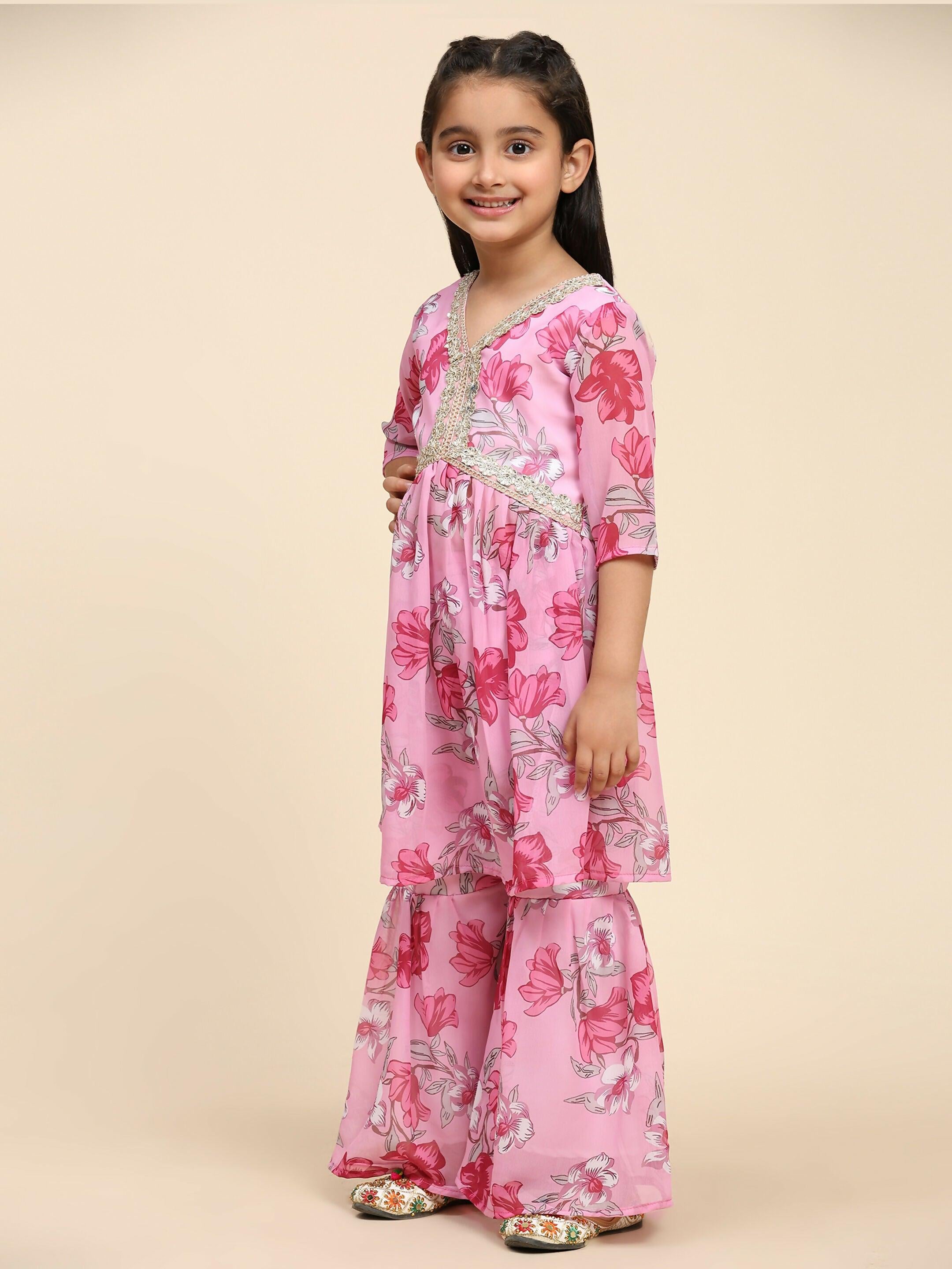 Alakhi Studio Girls Floral Georgette Printed V-Neck Kurta With Sharara - Pink