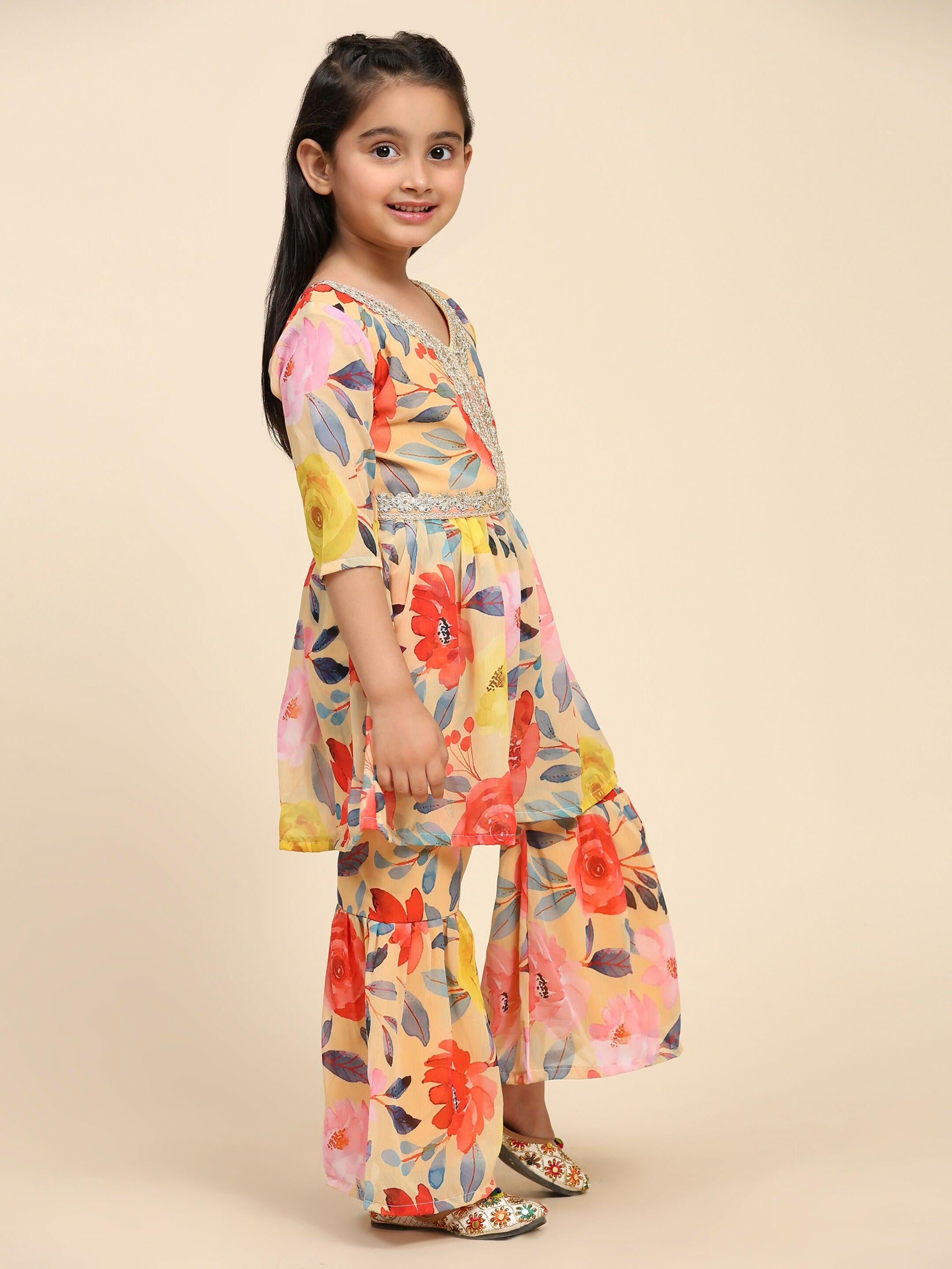 Alakhi Studio Girls Floral Georgette Printed V-Neck Kurta With Sharara - Mustard