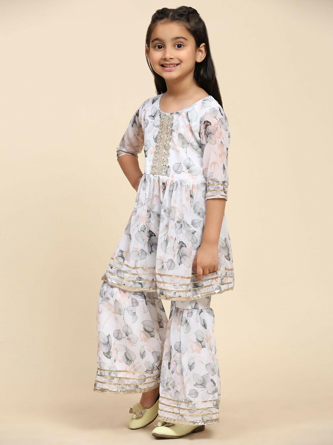 Alakhi Studio Girls Floral Georgette Printed Round-Neck Kurta With Sharara - White