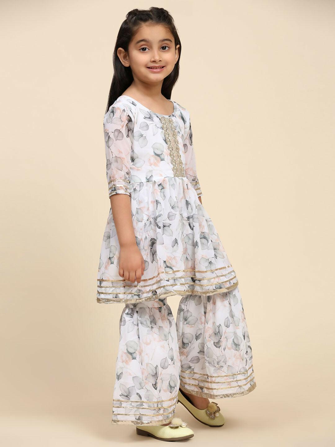 Alakhi Studio Girls Floral Georgette Printed Round-Neck Kurta With Sharara - White