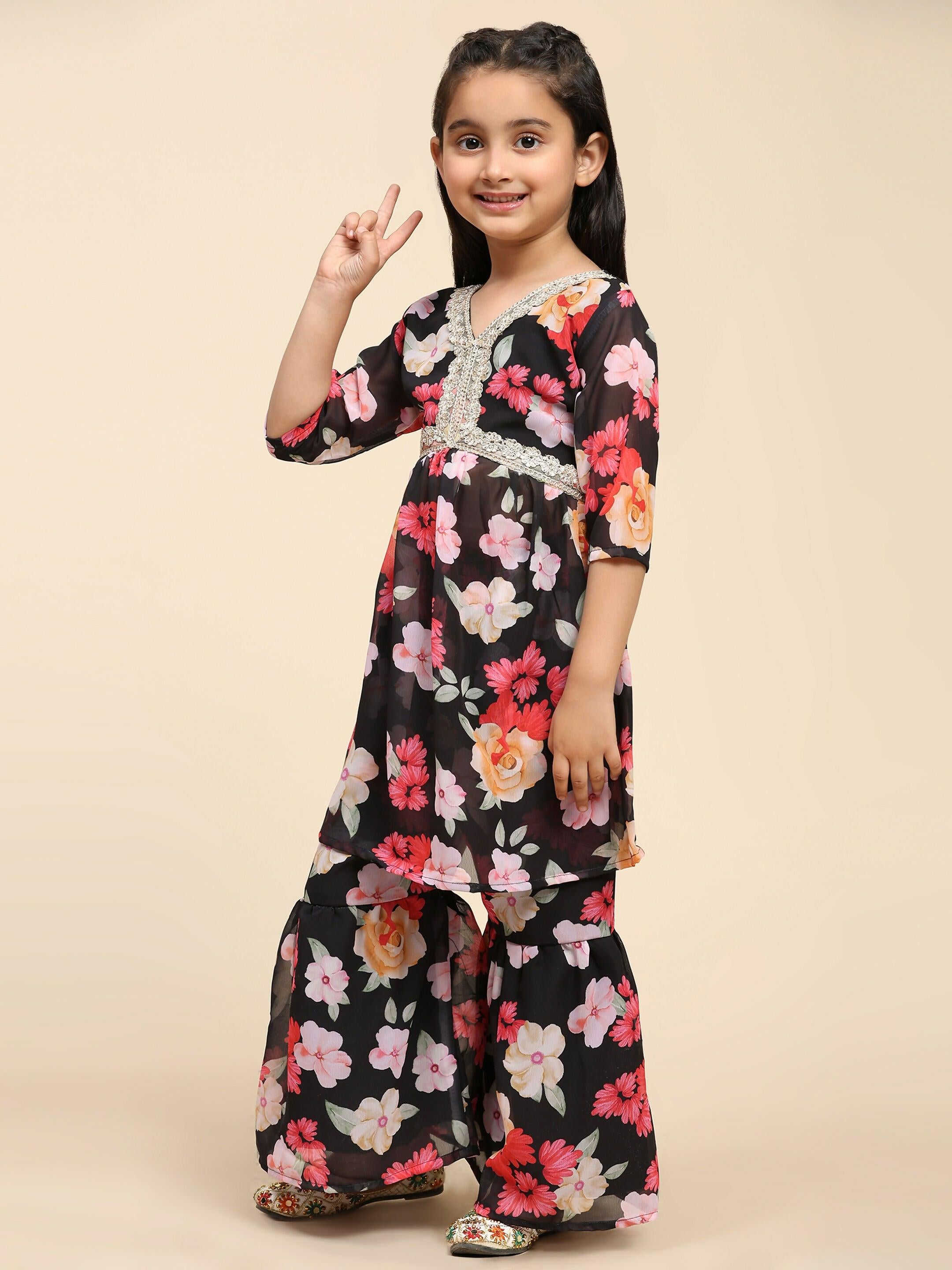 Alakhi Studio Girls Floral Georgette Printed V-Neck Kurta With Sharara - Black