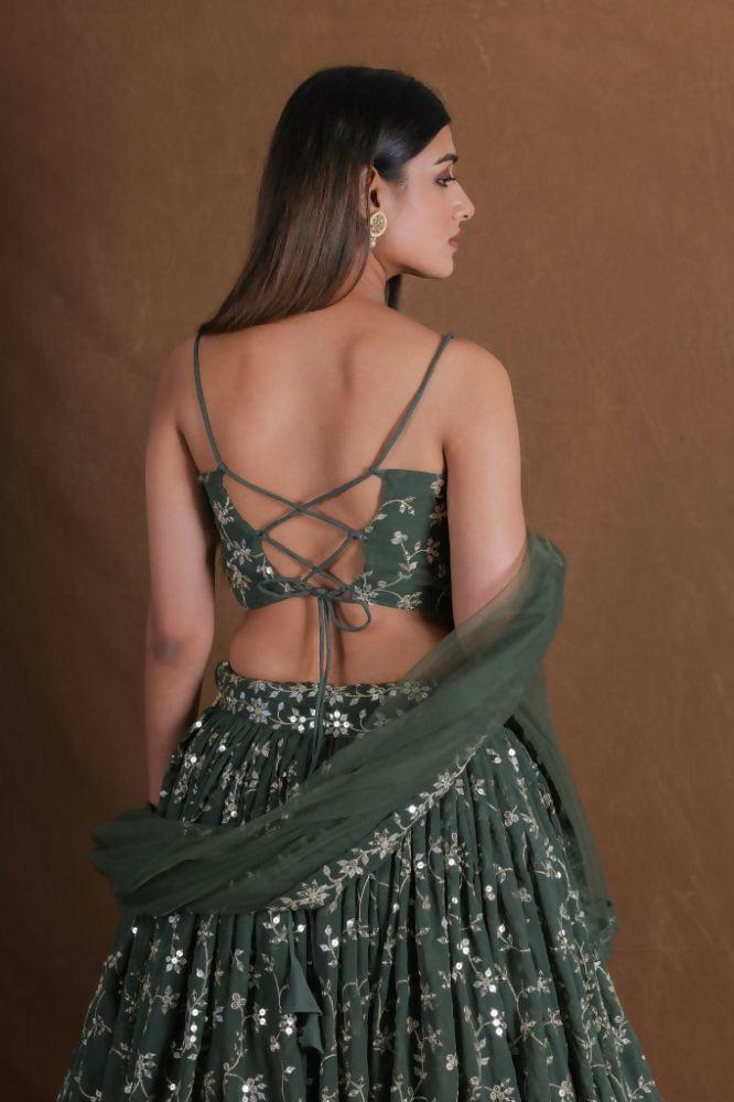 Green Georgette Zari,Sequence Embroidery Work Lehenga Choli - Jihu Culture