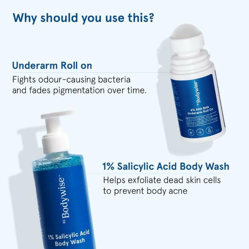 BeBodywise 1% Salicylic Acid Body Wash & 4% AHA BHA Underarm Roll On - Helps Exfoliate Skin