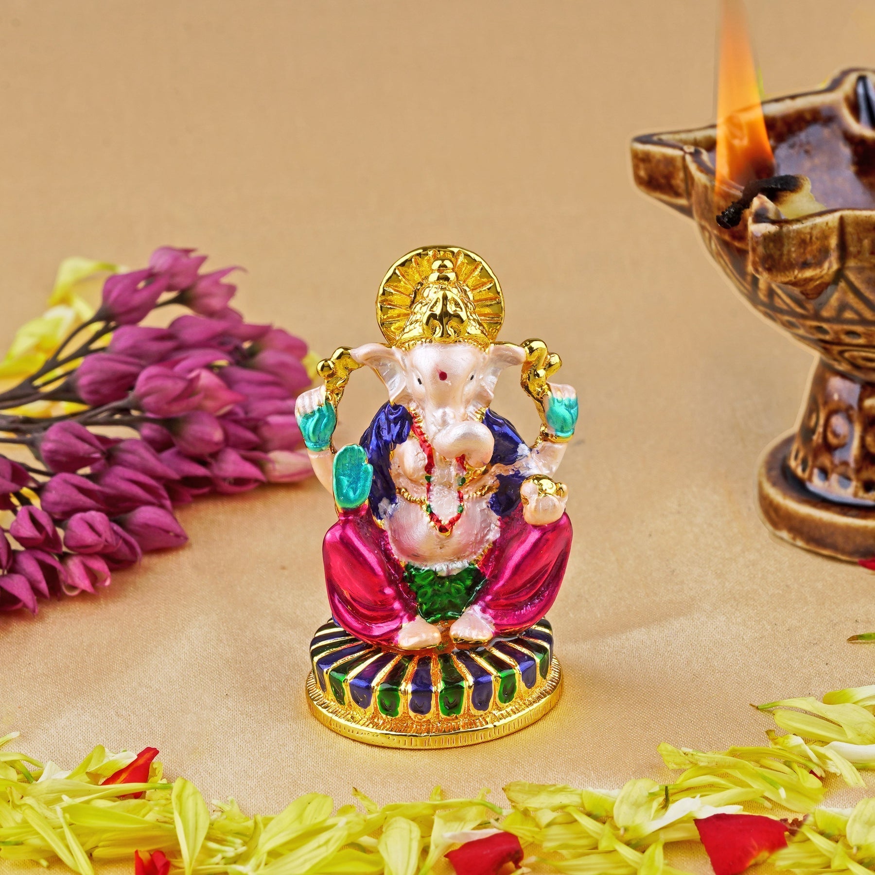 Estele Gold Plated Spiritual Lord Ganesh Idol with Multicolor Enamel for Gifts & House Warming/Home/Office Decors.