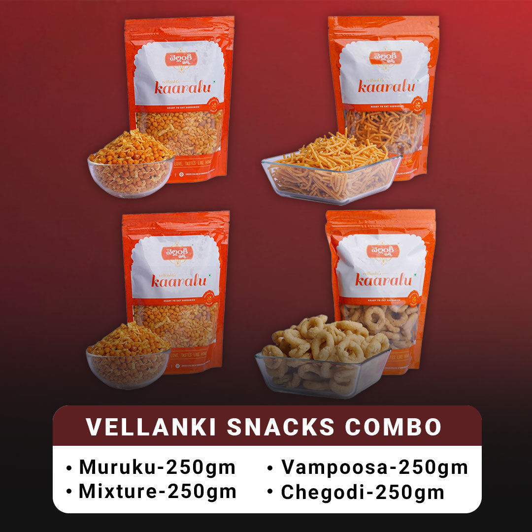 Vellanki Foods Namkeen Combo Pack (250g Each) - Muruku, Chegodi, Vampoosa, Mixture