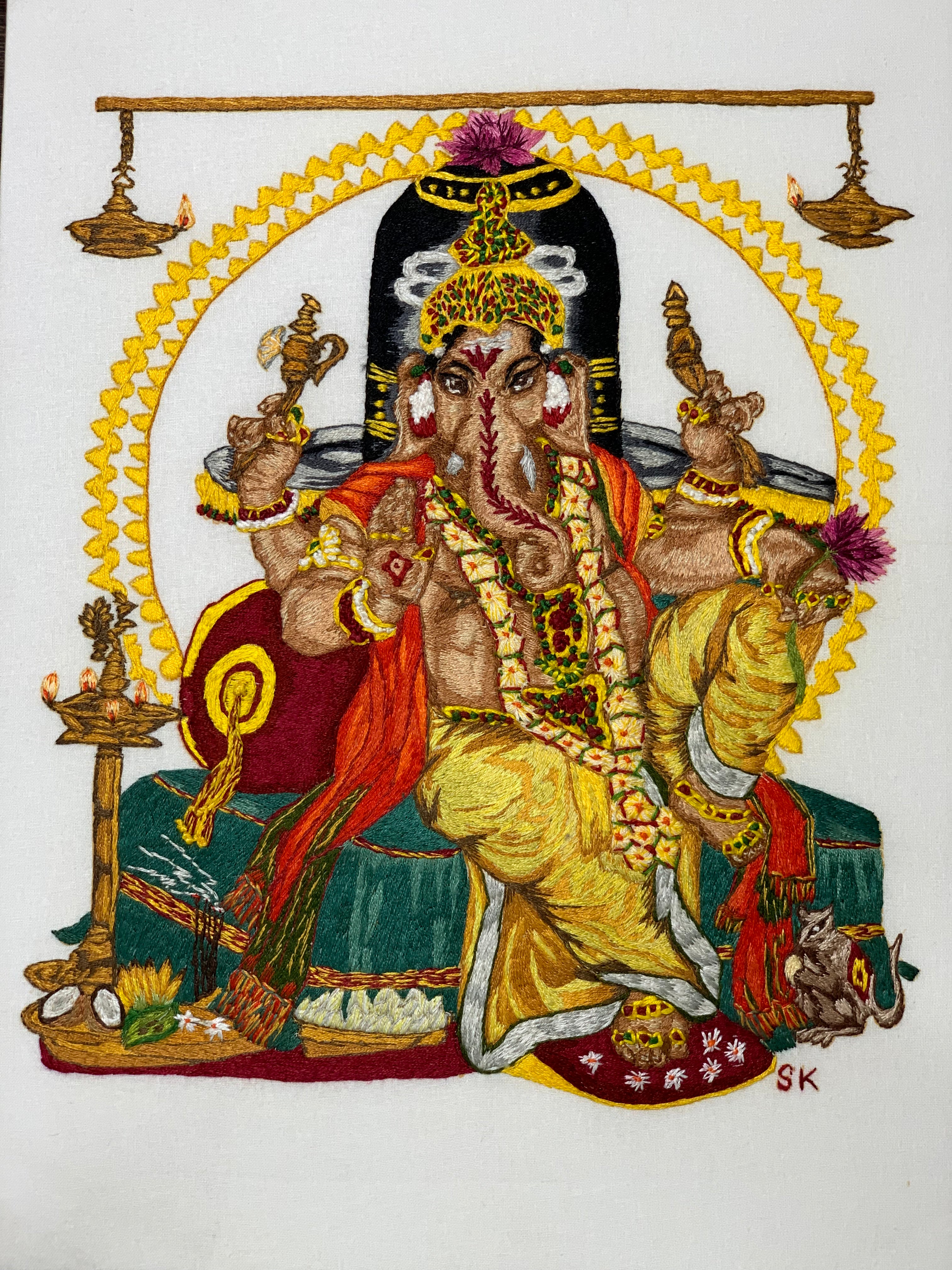 Shri Ganesha ,hand embroidered art work ( size : 12inches by 16 inches )