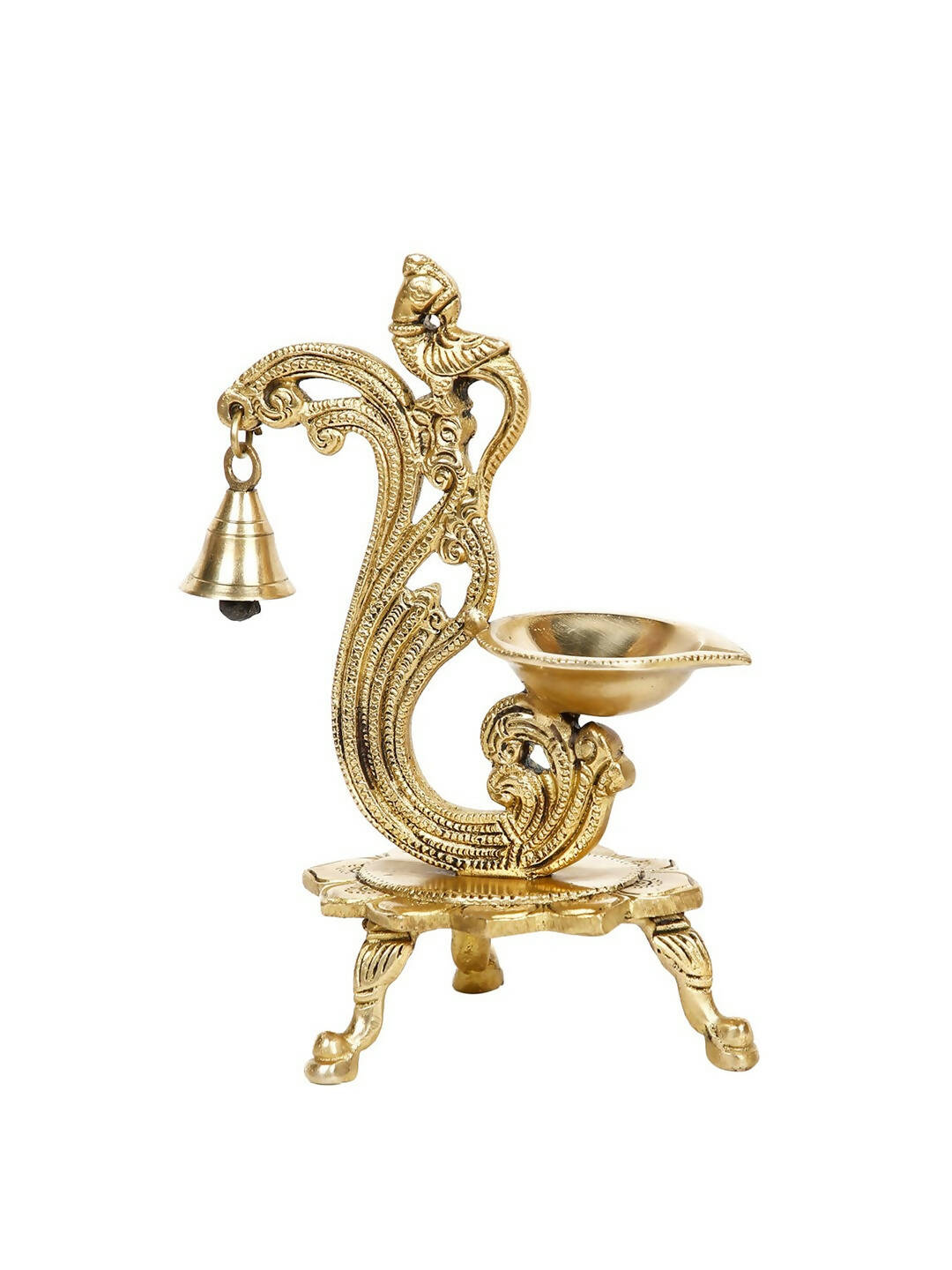 CraftVatika Gold-Toned Brass Handmade Decorative Peacock Design Diya with Bell & Stand