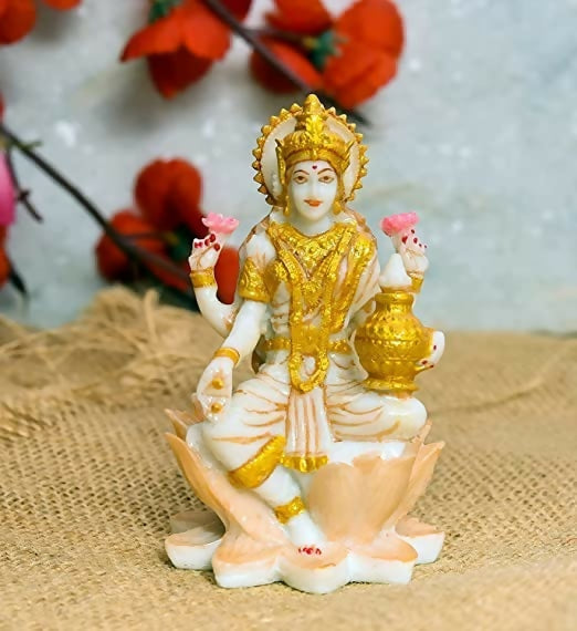 Soni Craft Handmade Poly Resin Lakshmi Ji Sculpture Sitting On Lotus Statue