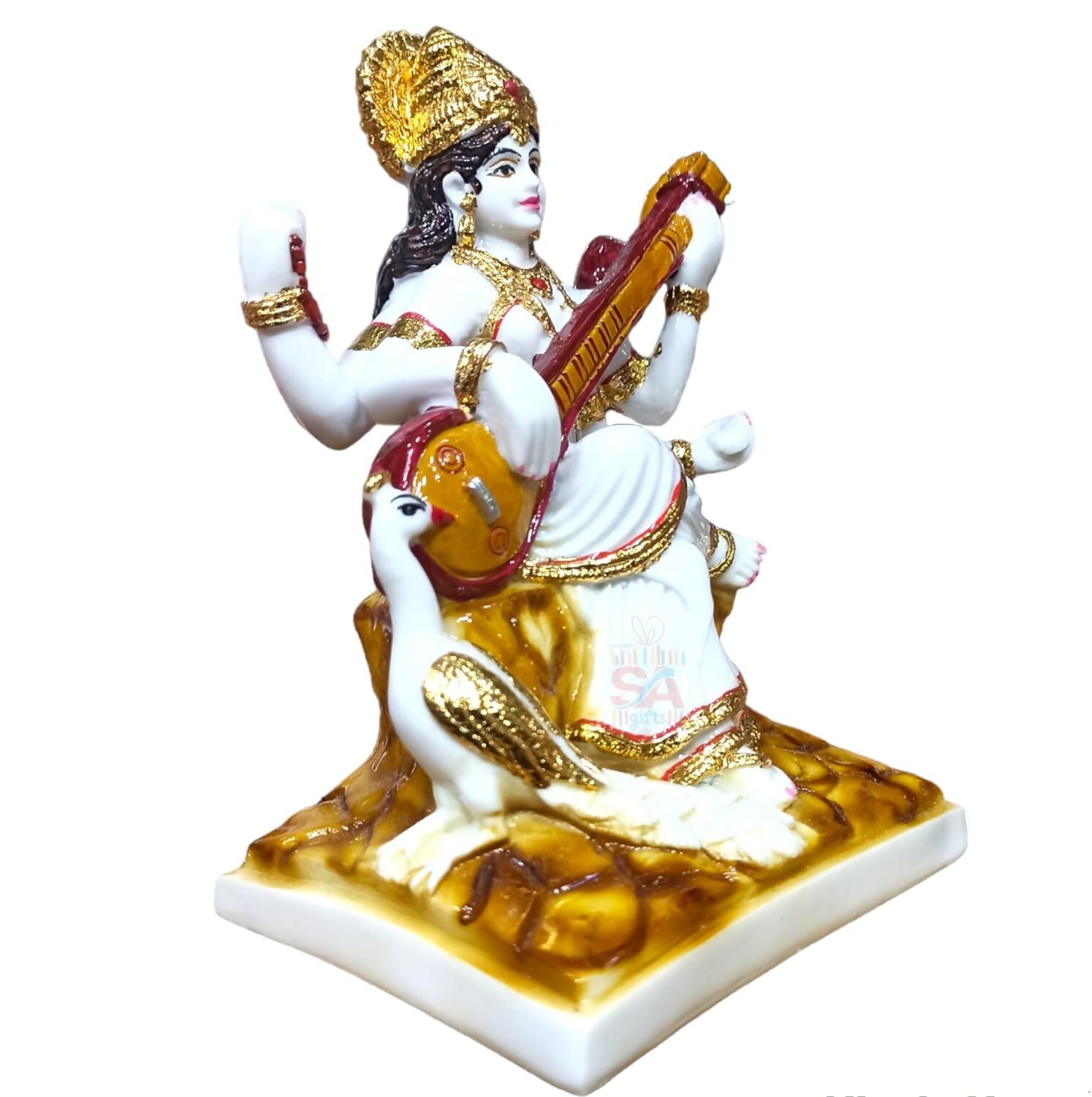 S A Gifts Marble Gold Foil Saraswati Idol