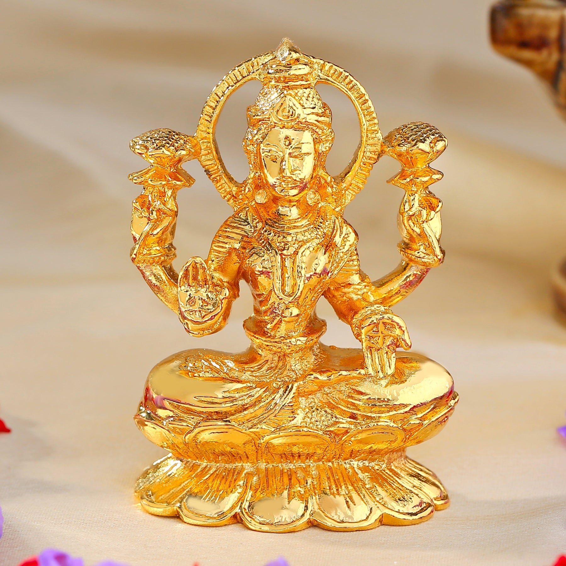 Estele Gold-Plated Goddess of Wealth Maha Laxmi Devi Idol/Deity| Showpiece for Pooja Mandir/Car decor