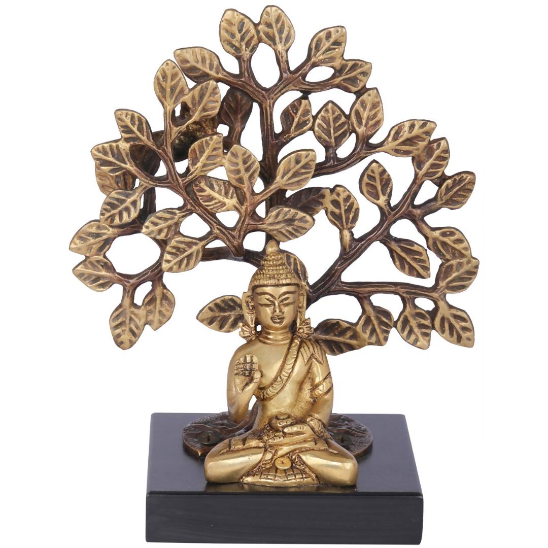 Exotic India Lord Buddha Seated On Wooden Pedestal With Bodhi Tree