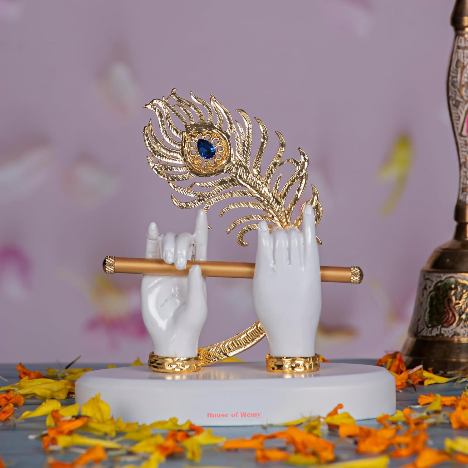 House Of Wemy Gold Plated Melody Krishna Hands Idol with Flute and Peacock Feather - White