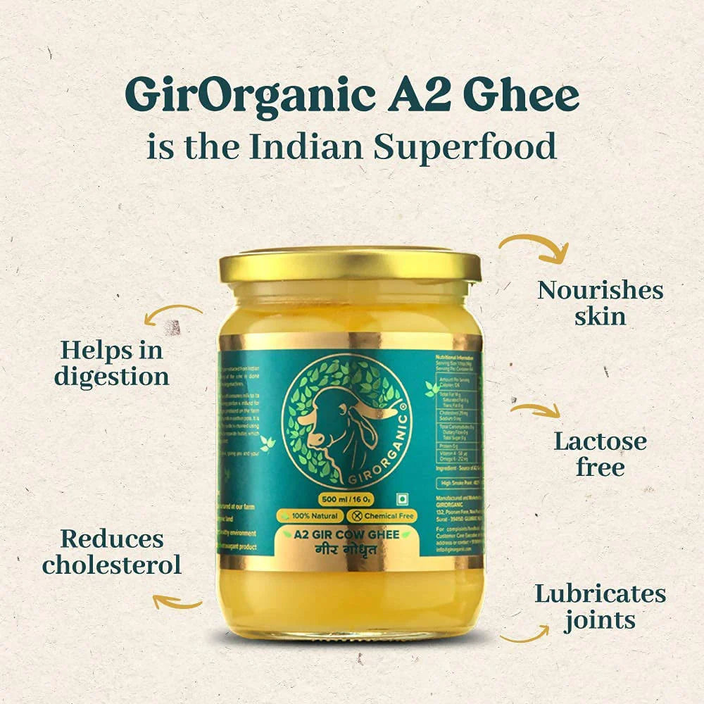 GirOrganic A2 Gir Cow Ghee - Pure A2 Gir Cow Ghee, Organic Grass Fed Ghee - 500 ml, 1L