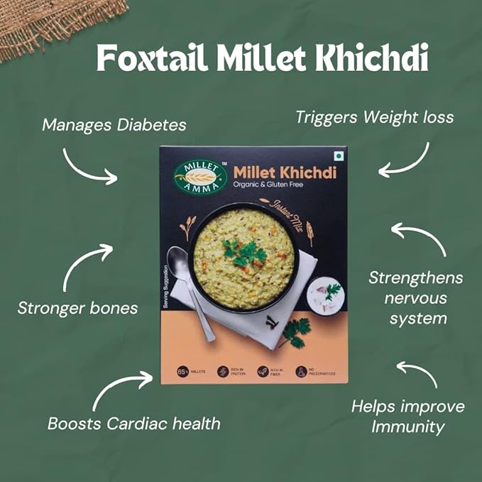 Millet Amma Certified Organic Millet Khichdi Mix | 250g Pack | 65% Millet Content | Ready-to-Cook & Instant Breakfast Mix | High-Protein & Fiber-Rich | 100% Vegan