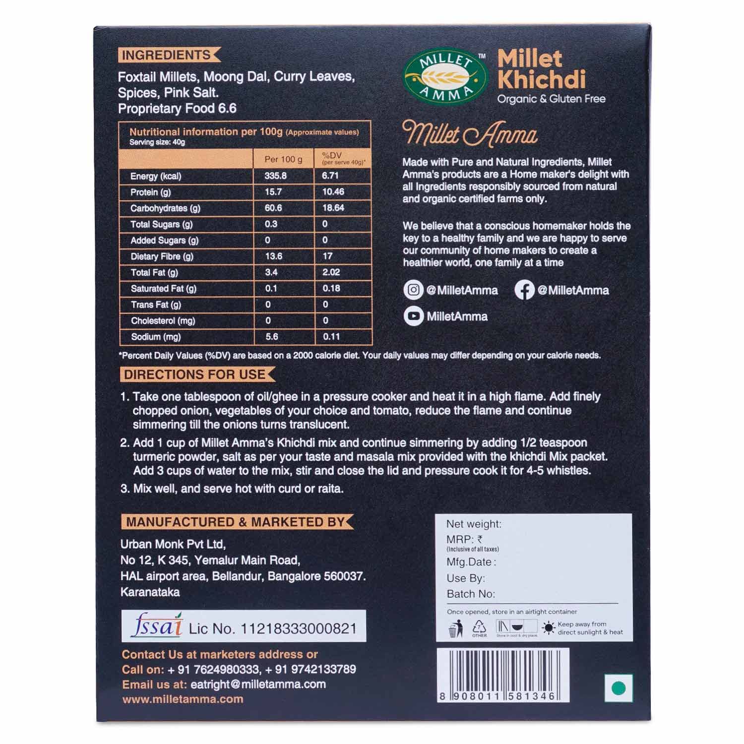 Millet Amma Certified Organic Millet Khichdi Mix | 250g Pack | 65% Millet Content | Ready-to-Cook & Instant Breakfast Mix | High-Protein & Fiber-Rich | 100% Vegan