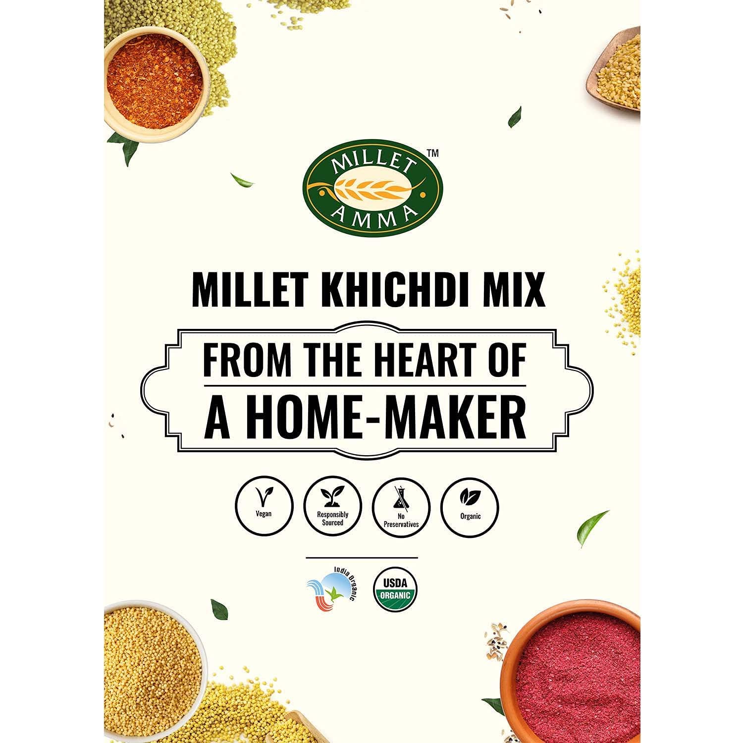 Millet Amma Certified Organic Millet Khichdi Mix | 250g Pack | 65% Millet Content | Ready-to-Cook & Instant Breakfast Mix | High-Protein & Fiber-Rich | 100% Vegan