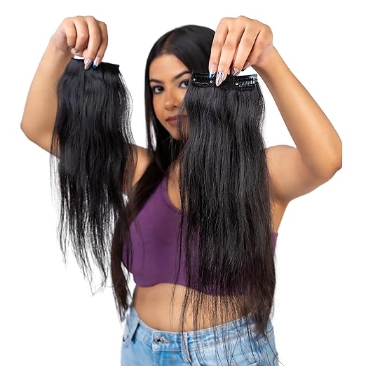 Capilus Natural Human Hair Clip-In Side Patches (Chololate Brown, 14 inch) Hair Extensions for Women & Girls | 100% Indian Human Hair Volumizer.